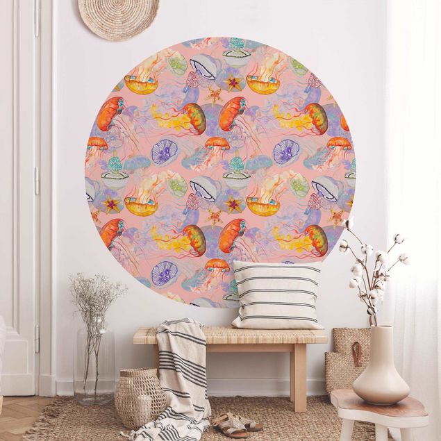Self-adhesive round wallpaper - Colourful Jellyfish On Pink