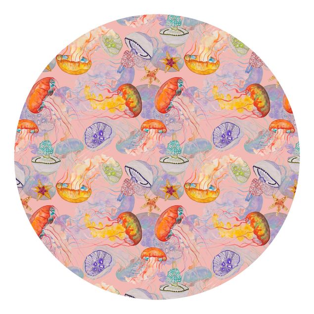 Self-adhesive round wallpaper - Colourful Jellyfish On Pink