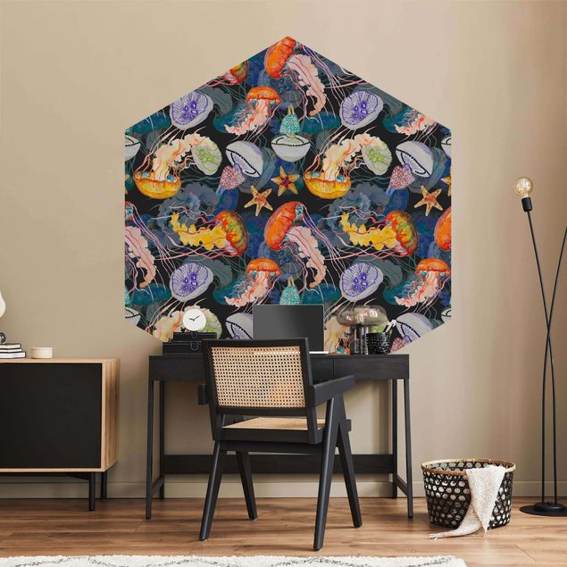 Self-adhesive hexagonal wall mural - Colourful Jellyfish
