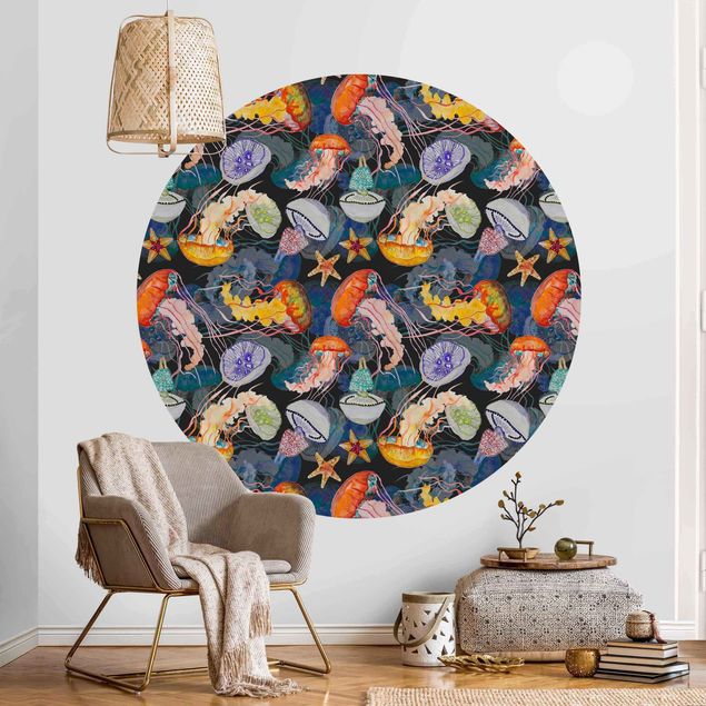 Self-adhesive round wallpaper - Colourful Jellyfish