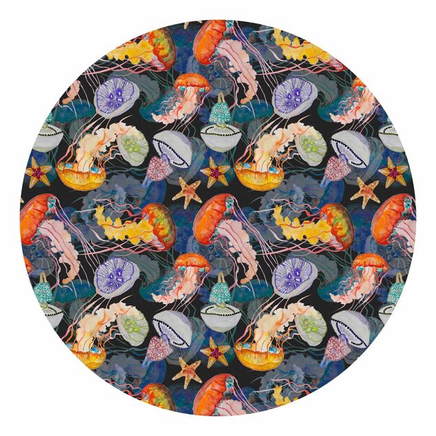 Self-adhesive round wallpaper - Colourful Jellyfish