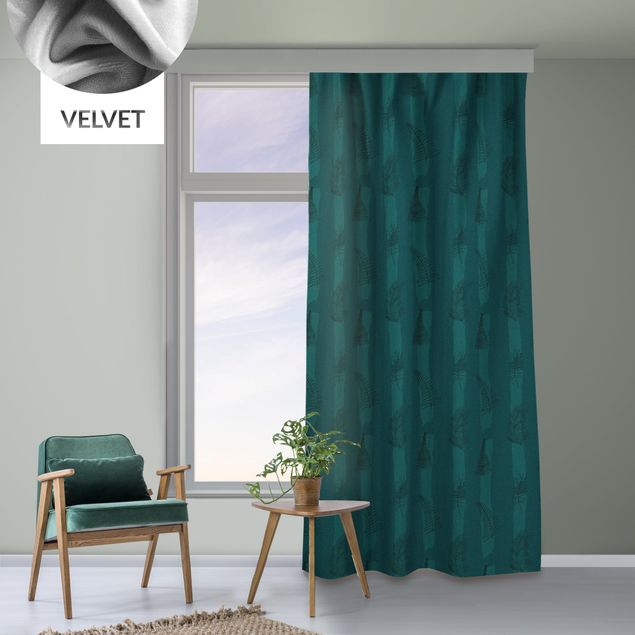 bespoke curtains Fern Illustration With Stripes - Dark Jade Green