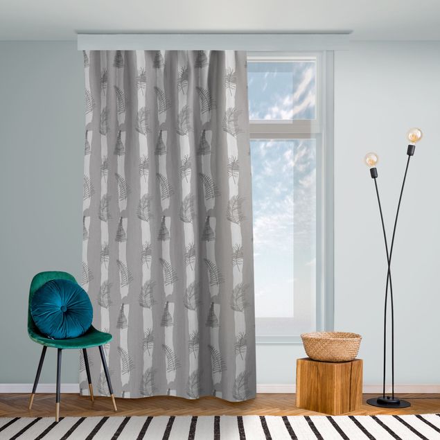 custom curtain Fern Illustration With Stripes - Grey
