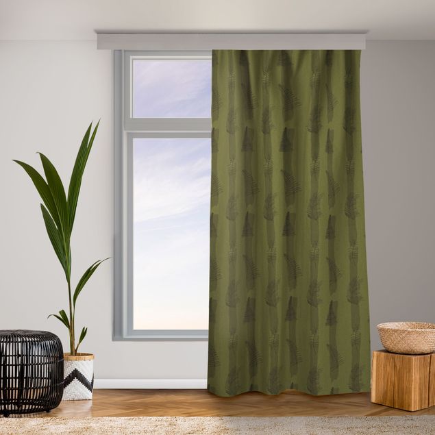 custom curtain Fern Illustration With Stripes - Olive Green
