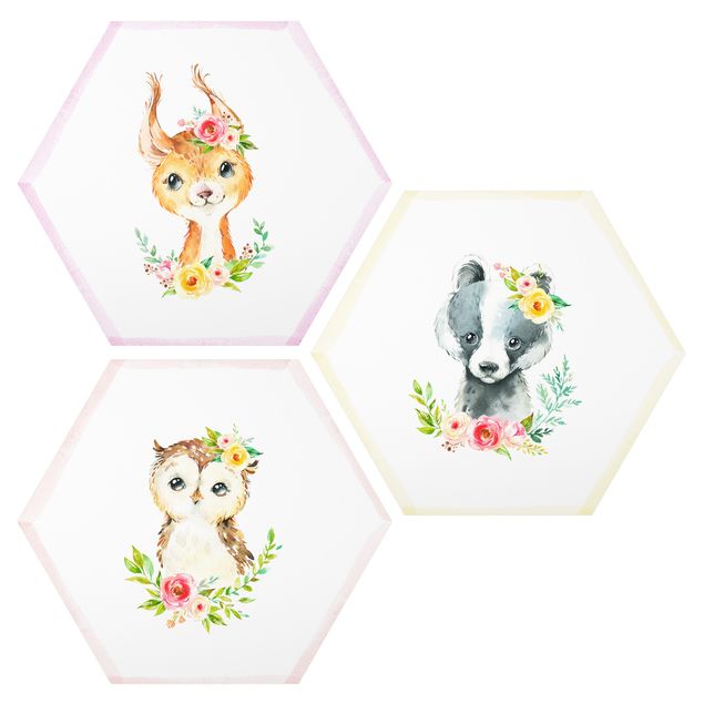 Forex hexagon - Watercolour Forest Animals With Flowers Set III