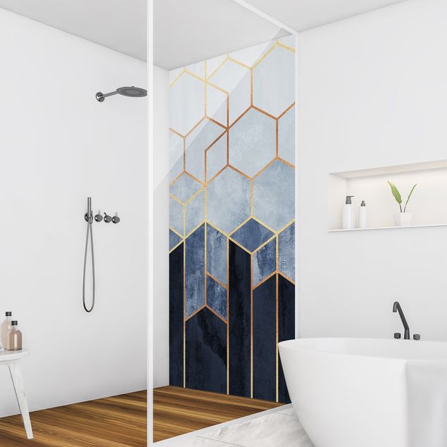 Shower wall cladding - Golden Hexagons Blue White