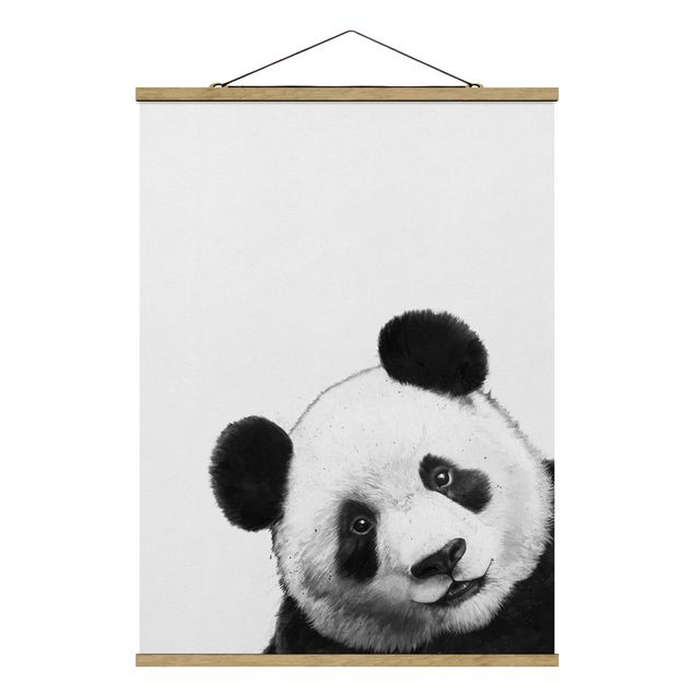Fabric print with poster hangers - Illustration Panda Black And White Drawing