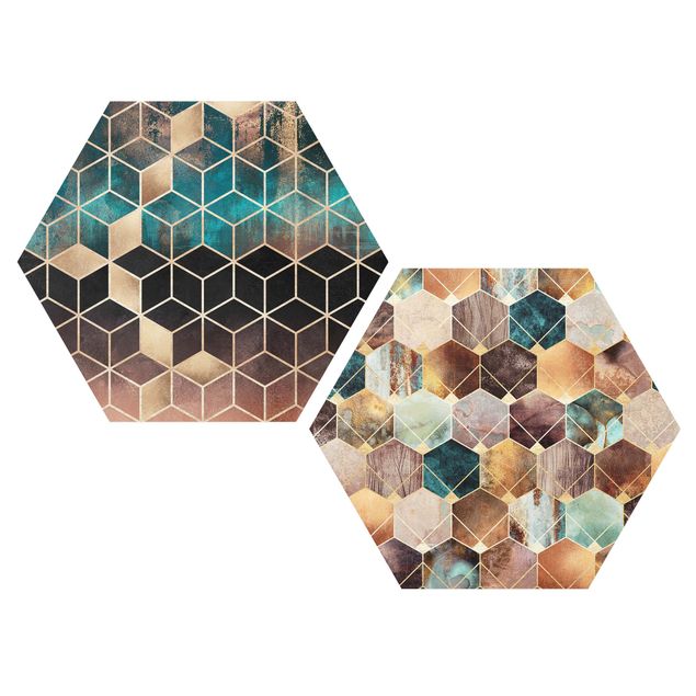 Alu-Dibond hexagon - Turquoise Geometry Golden Art Deco Set