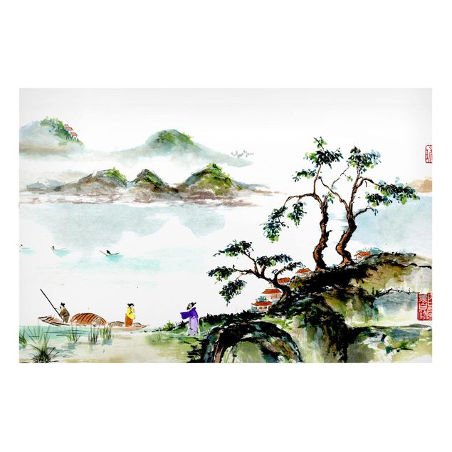 Magnetic memo board - Japanese Watercolour Drawing Lake And Mountains