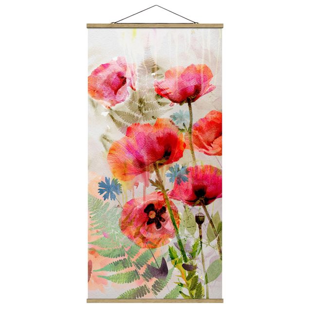 Fabric print with poster hangers - Watercolour Flowers Poppy