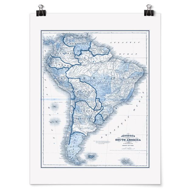 Poster city, country & world maps - Map In Blue Tones - South America