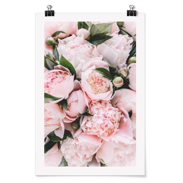 Poster - Pink Peonies With Leaves
