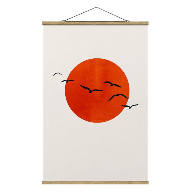 Fabric print with poster hangers - Flock Of Birds In Front Of Red Sun I