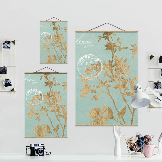 Fabric print with poster hangers - Golden Leaves On Turquoise II