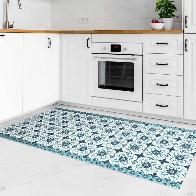 outdoor patio rugs Geometrical Tile Mix Flower Turquoise