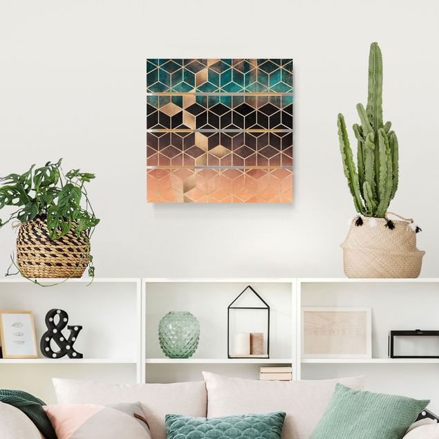 Print on wood - Turquoise Rosé Golden Geometry