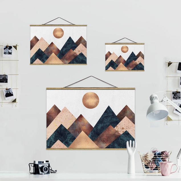 Fabric print with poster hangers - Geometric Mountains Bronze
