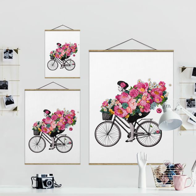 Fabric print with poster hangers - Illustration Woman On Bicycle Collage Colourful Flowers