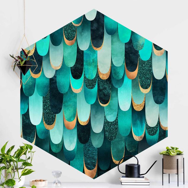 Hexagonal wallpapers Feathers Gold Turquoise