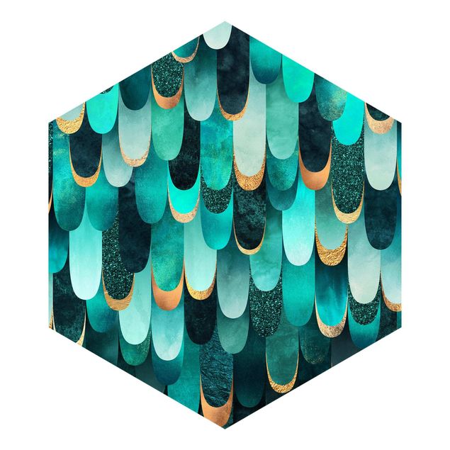 Self-adhesive hexagonal pattern wallpaper - Feathers Gold Turquoise