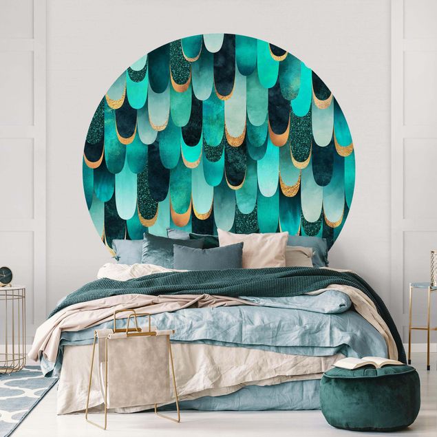 Self-adhesive round wallpaper - Feathers Gold Turquoise
