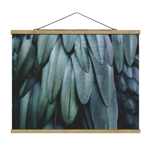 Fabric print with poster hangers - Feathers In Aquamarine - Landscape format 4:3