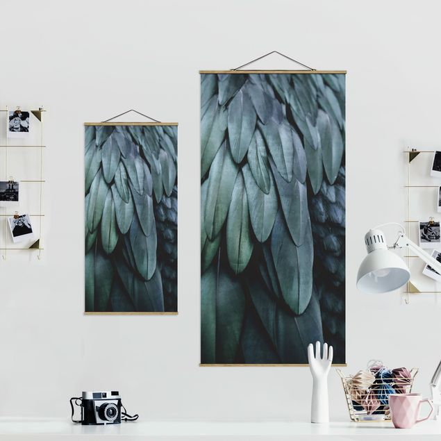 Fabric print with poster hangers - Feathers In Aquamarine - Portrait format 1:2
