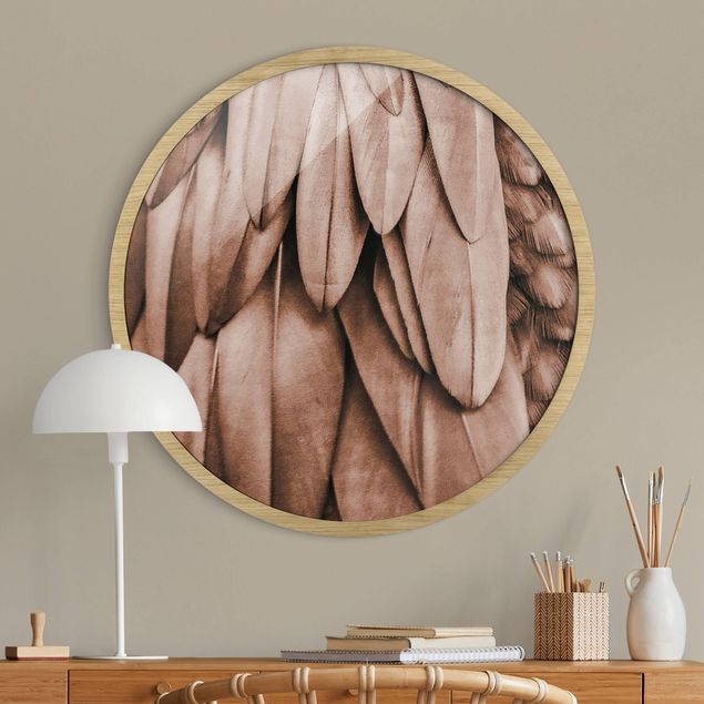 Framed prints round Feathers In Rosegold