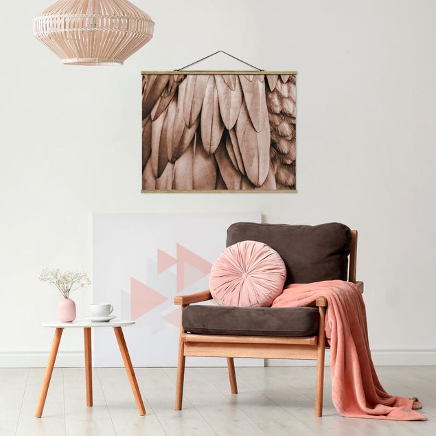 Fabric print with poster hangers - Feathers In Rosegold - Landscape format 4:3
