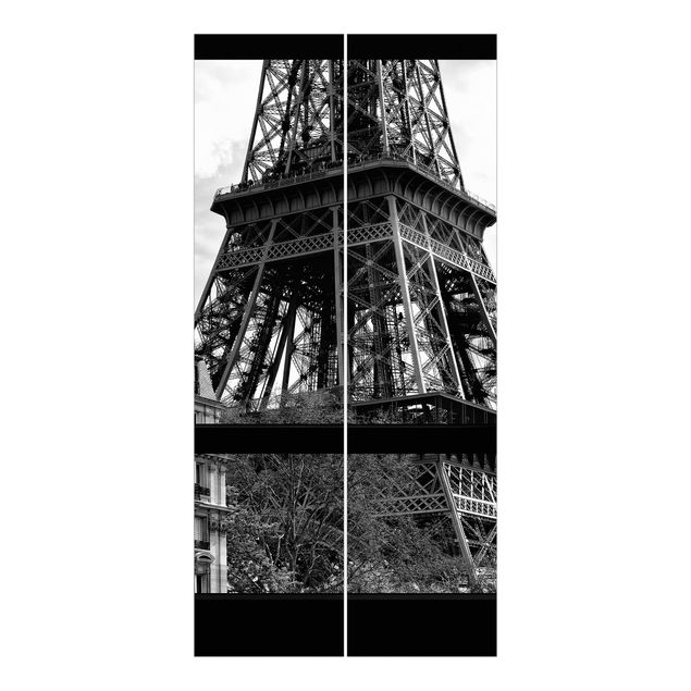Sliding panel curtains set - Window view Paris - Near the Eiffel Tower black and white