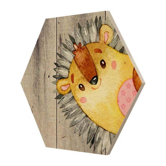 Hexagon Picture Wood - Watercolor Hedgehog On Wood