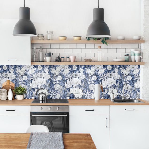 Kitchen splashback patterns White Flowers In Front Of Blue II