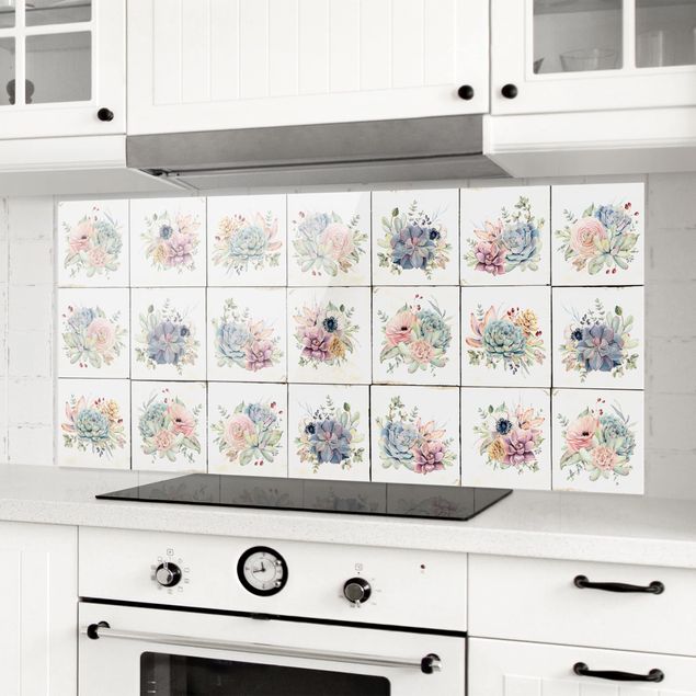 Glass splashback tiles Watercolour Flower Cottage