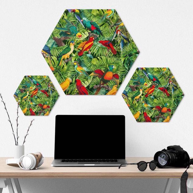 Alu-Dibond hexagon - Colourful Collage - Parrots In The Jungle