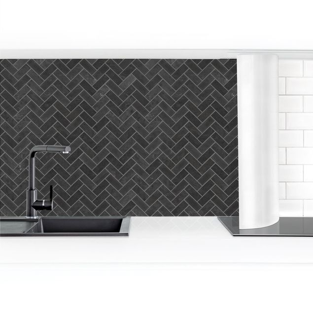 Kitchen wall cladding - Marble Fish Bone Tiles - Black Grey Joints