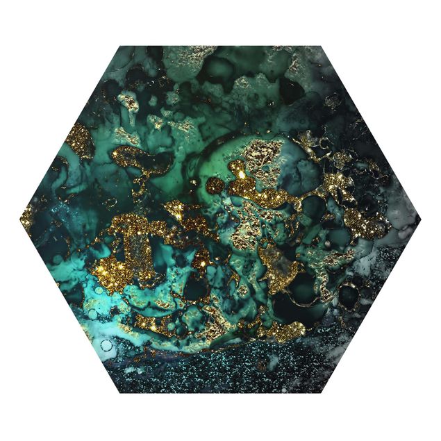 Alu-Dibond hexagon - Golden Sea Islands Abstract