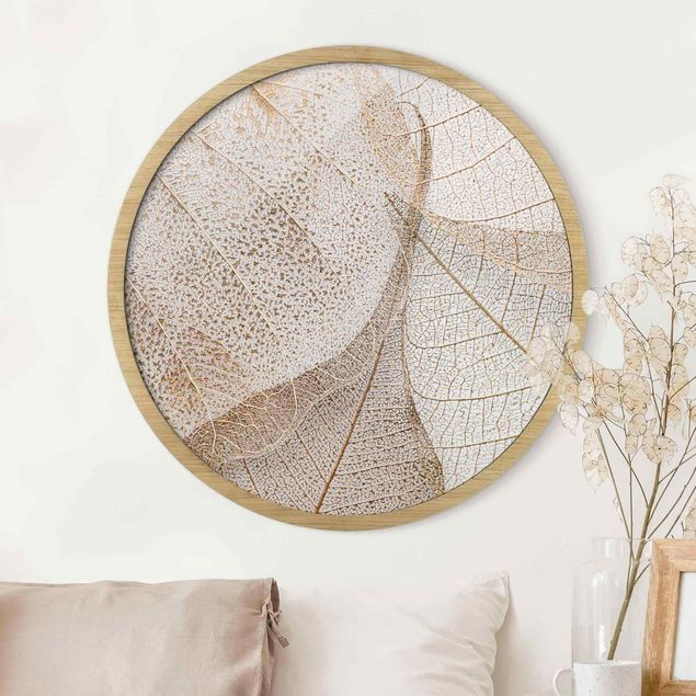 Framed prints round Delicate Leaf Structure In Gold