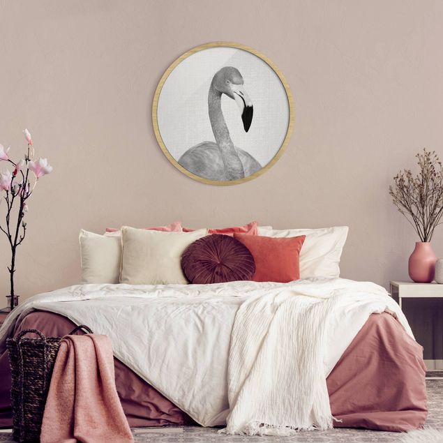 Circular framed print - Flamingo Fabian Black And White
