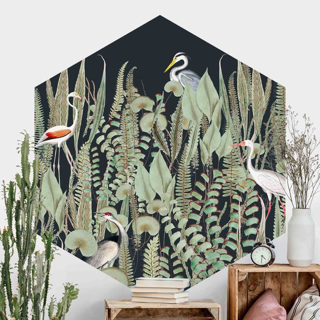 Hexagonal wallpapers Flamingo And Stork With Plants On Green