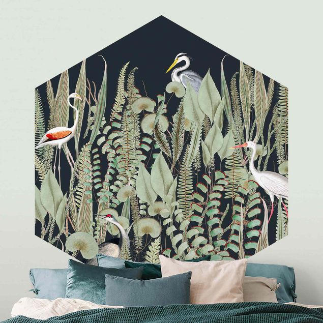 Wallpapers Flamingo And Stork With Plants On Green