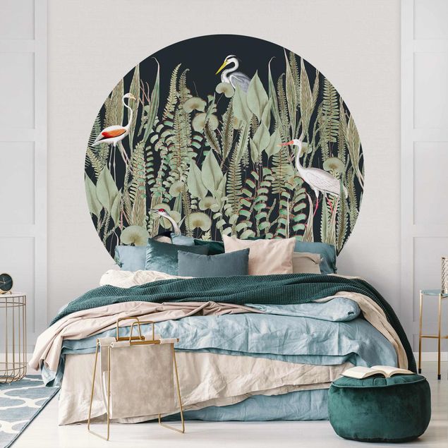 Self-adhesive round wallpaper - Flamingo And Stork With Plants On Green