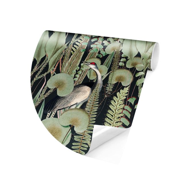 Self-adhesive round wallpaper - Flamingo And Stork With Plants On Green