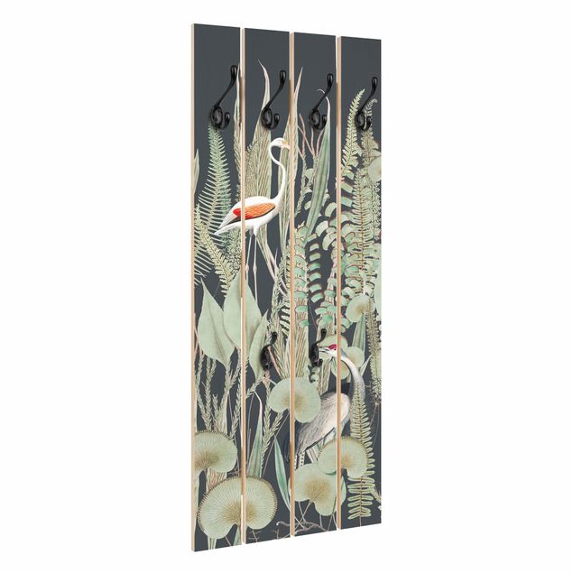 Wooden coat rack - Flamingo And Stork With Plants On Green