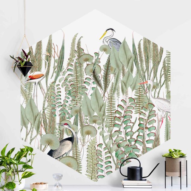 Hexagonal wallpapers Flamingo And Stork With Plants