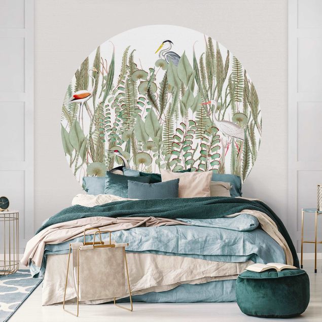 Self-adhesive round wallpaper - Flamingo And Stork With Plants