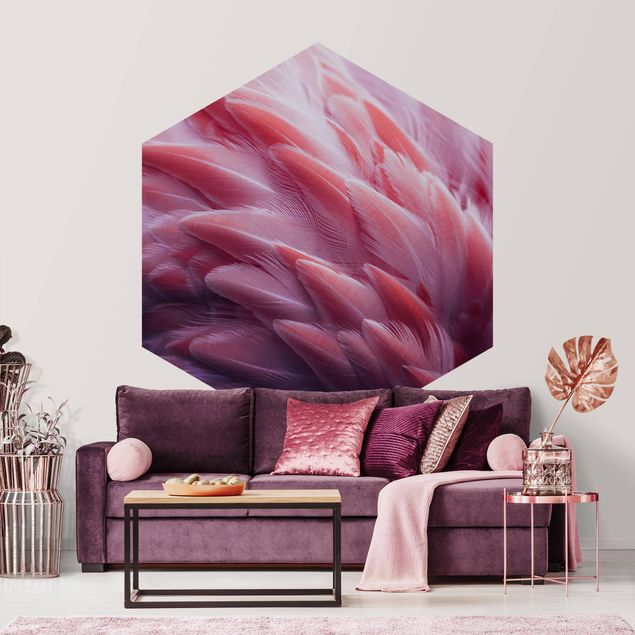 Self-adhesive hexagonal pattern wallpaper - Flamingo Feathers Close-Up