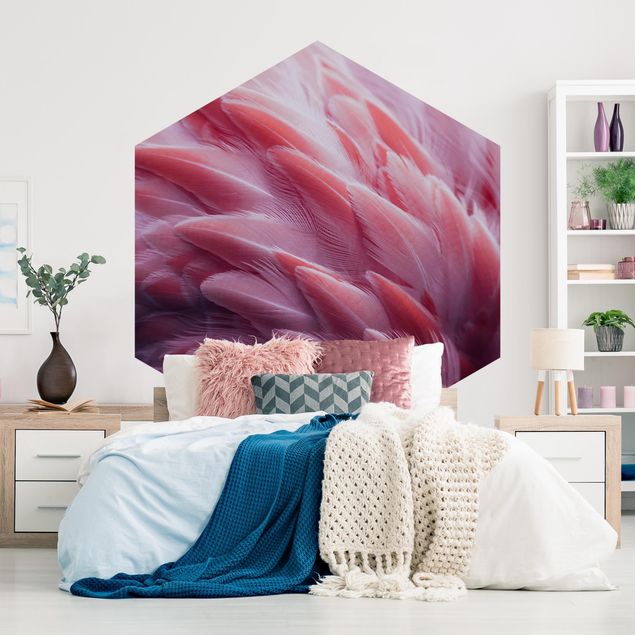 Self-adhesive hexagonal pattern wallpaper - Flamingo Feathers Close-Up