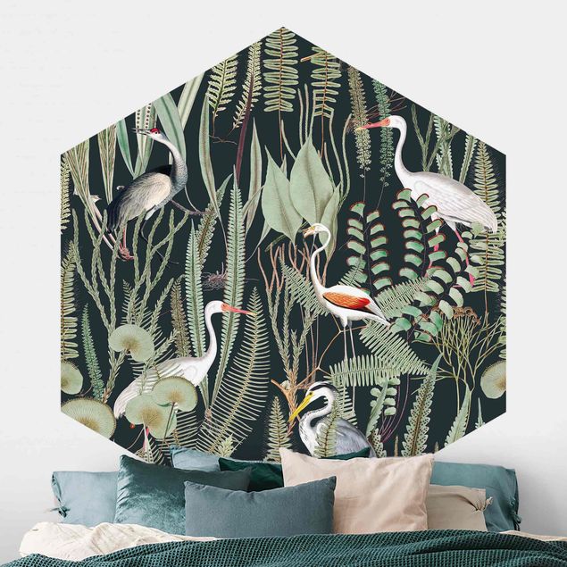 Self-adhesive hexagonal wall mural Flamingos And Storks With Plants On Green