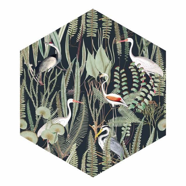 Self-adhesive hexagonal pattern wallpaper - Flamingos And Storks With Plants On Green