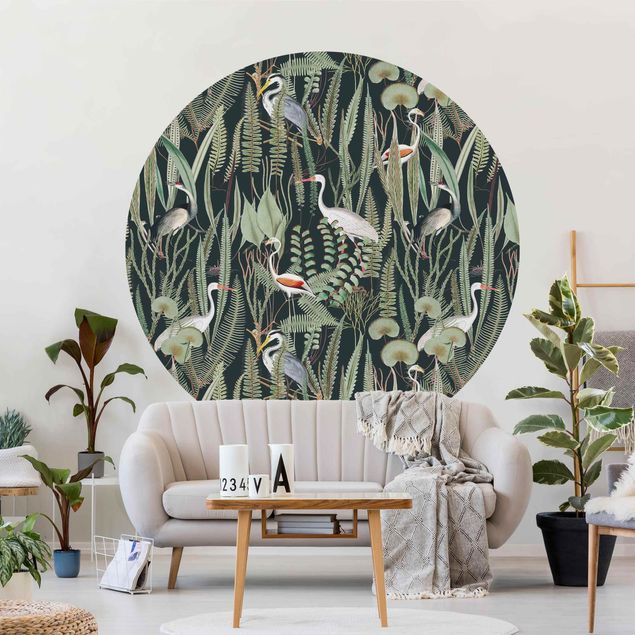 Self-adhesive round wallpaper - Flamingos And Storks With Plants On Green